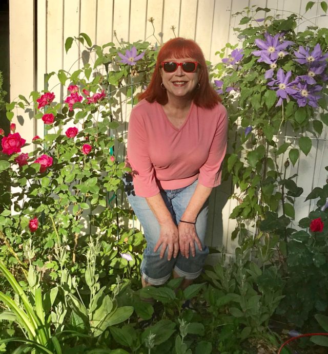 me in my garden with clematis and roses, 2018, neversaydiebeauty.com
