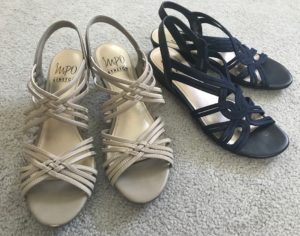 two pairs of new strappy sandals: taupe with a kitten heel and almost flat navy blue sandals, neversaydiebeauty.com