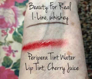 swatches of Beauty For Real I-Line eyeliner pencil in Whiskey brown & Peripera Lip Tint in red Cherry Juice, neversaydiebeauty.com