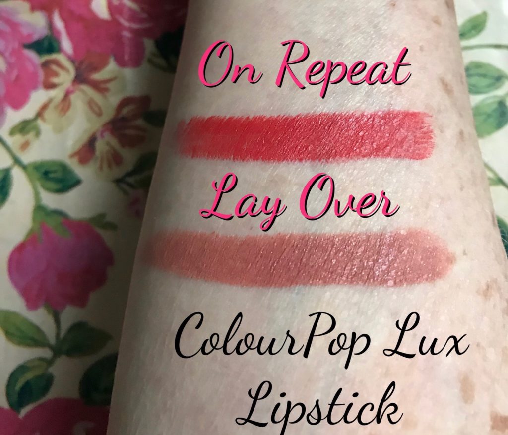 swatches of ColourPop Lux lipsticks On Repeat (warm red-orange) and Lay Over (pinkish nude), neversaydiebeauty.com