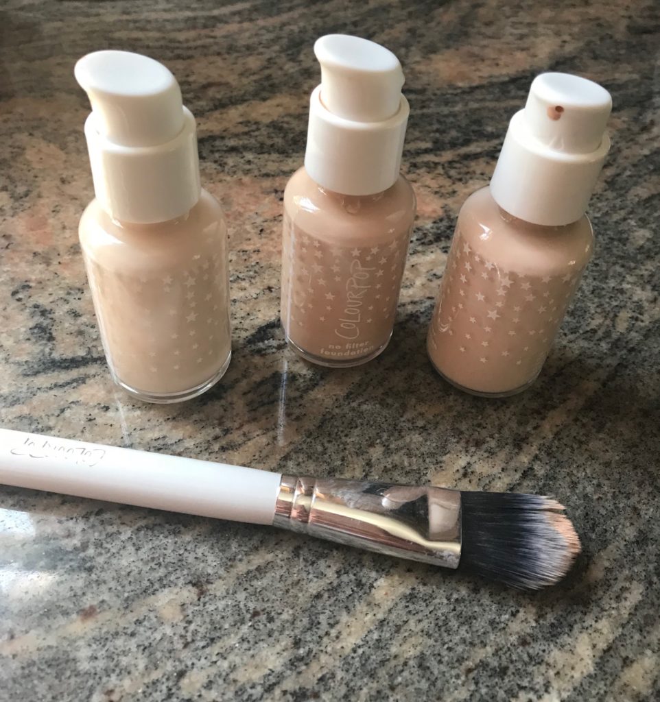ColourPop No Filter Foundation shades Fair 20, 30 and 35 with ColourPop Foundation Brush F16, neversaydiebeauty.com