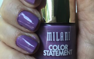 bottle of Milani Color Statement Nail Lacquer, shade Imperial Purple, and my nails wearing it, neversaydiebeauty.com