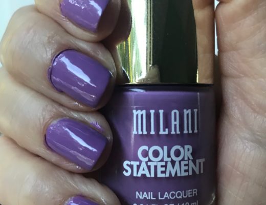 bottle of Milani Color Statement Nail Lacquer, shade Imperial Purple, and my nails wearing it, neversaydiebeauty.com
