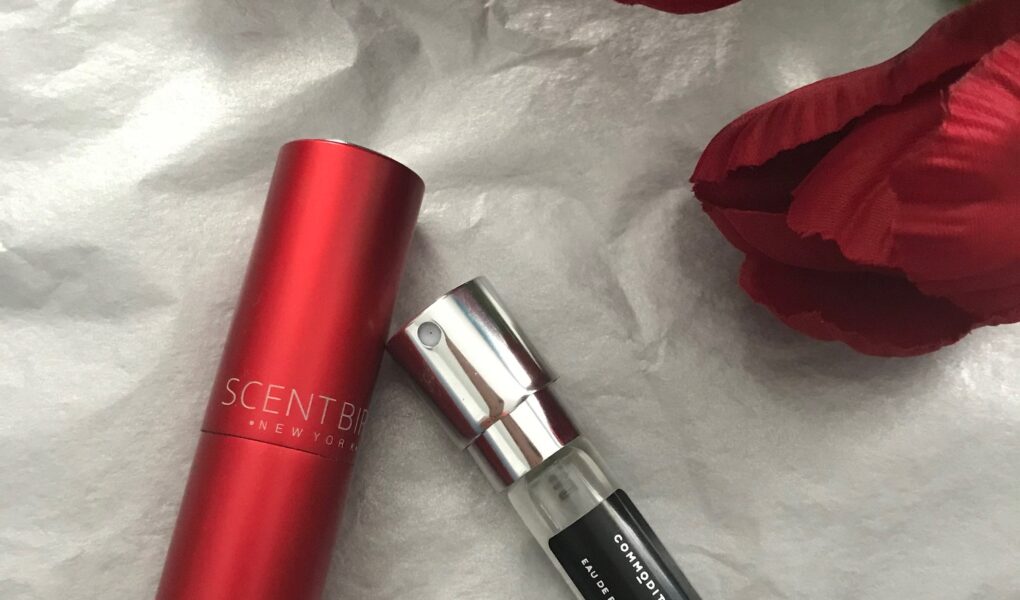 Velvet eau de parfum by Commodity with my red Scentbird spray atomizer, neversaydiebeauty.com