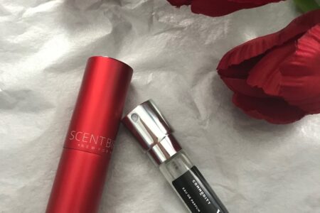 Velvet eau de parfum by Commodity with my red Scentbird spray atomizer, neversaydiebeauty.com