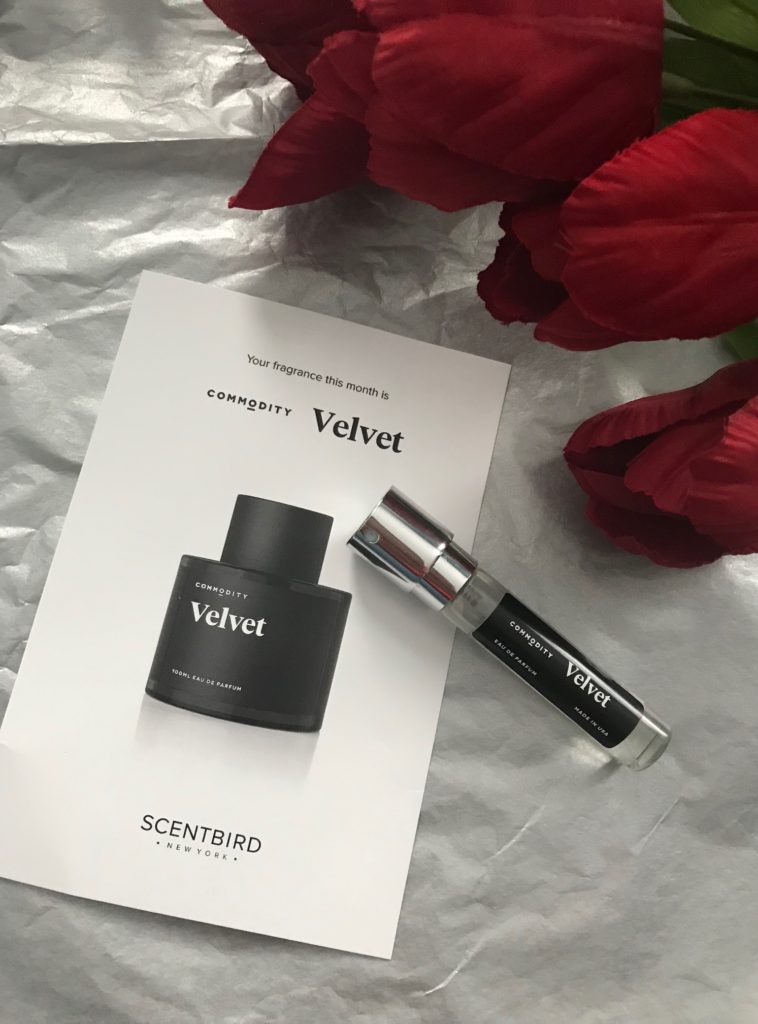 Scentbird product card and spray vial of Velvet eau de perfum by Commodity, neversaydiebeauty.com