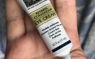 RoC Retinol Correxxion Eye Cream tube and a blob of the white, lightweight cream, neversaydiebeauty.com