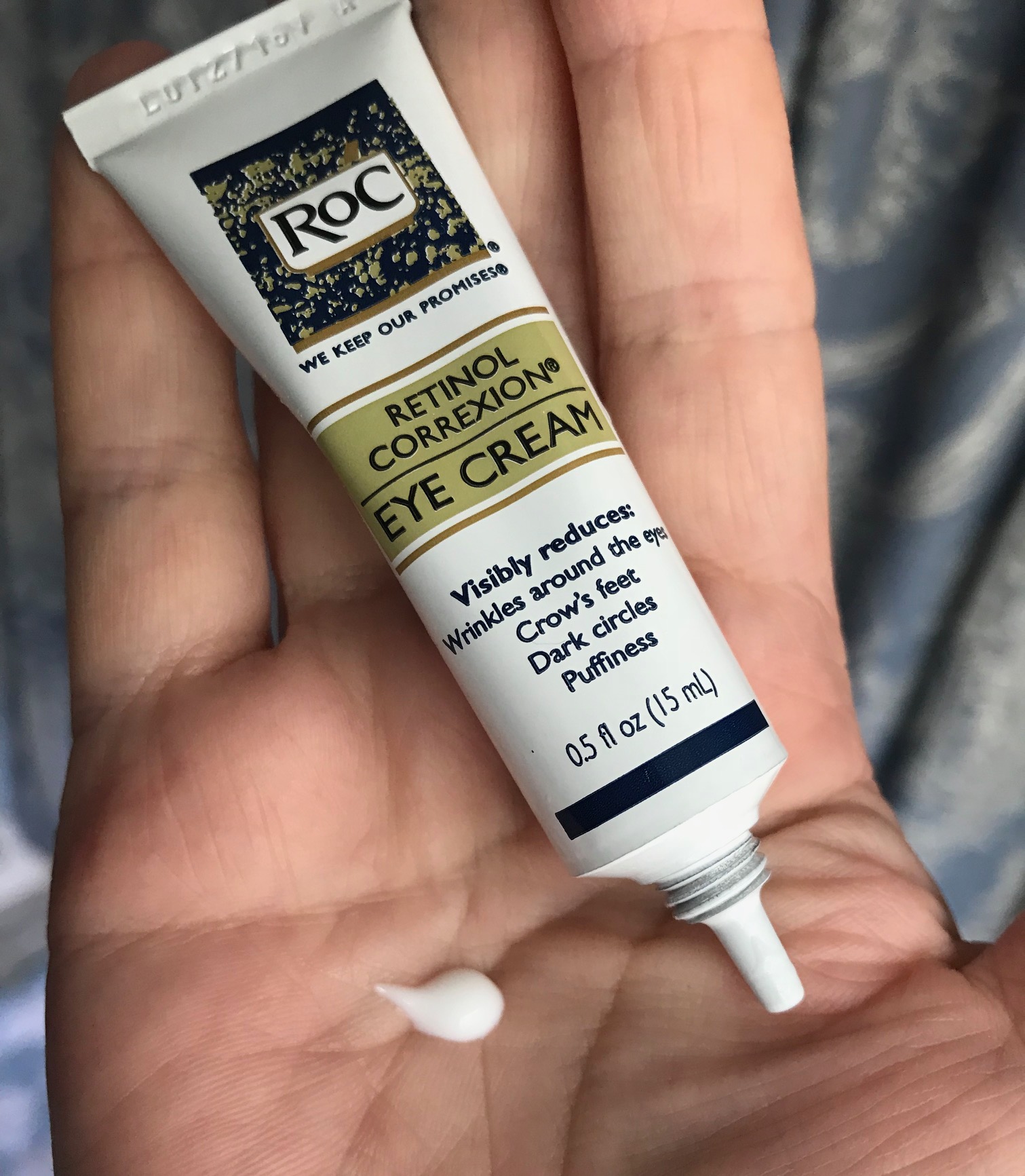 RoC Retinol Correxxion Eye Cream tube and a blob of the white, lightweight cream, neversaydiebeauty.com