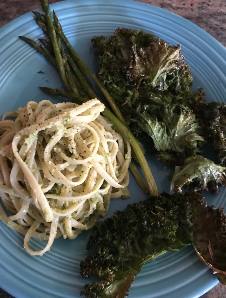 my dinner with pasta w garlic scape pesto, roasted asparagus and kale, neversaydiebeauty.com