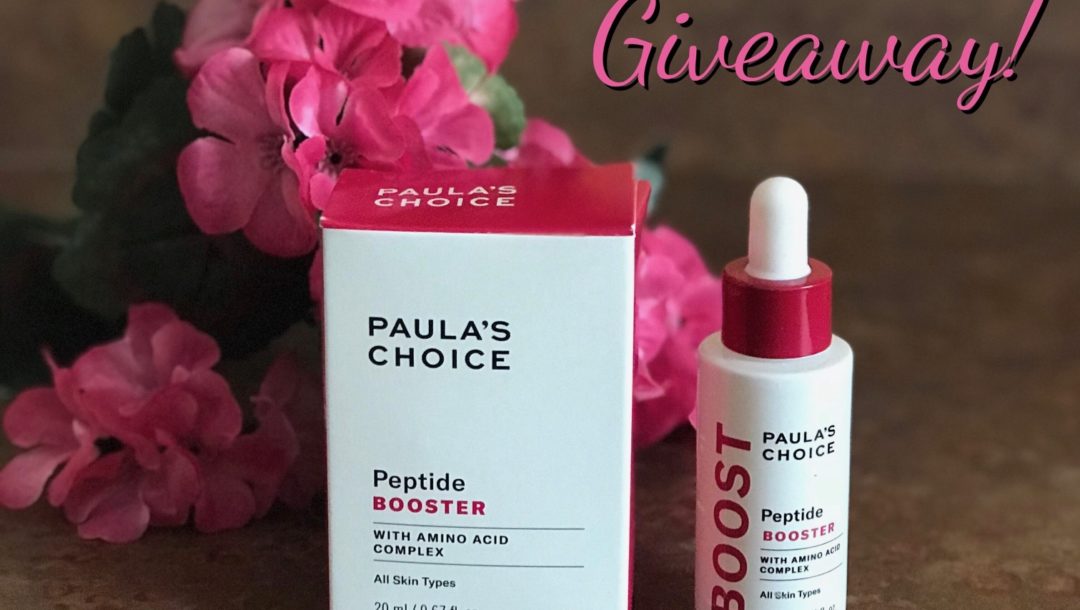 Paula's Choice Peptide Booster bottle and box with giveaway title, neversaydiebeauty.com