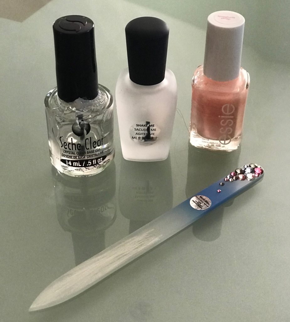 Mont Bleu glass nail file, Essie polish, Seche Clear Basecoat, Zoya topcoat, neversaydiebeauty.com