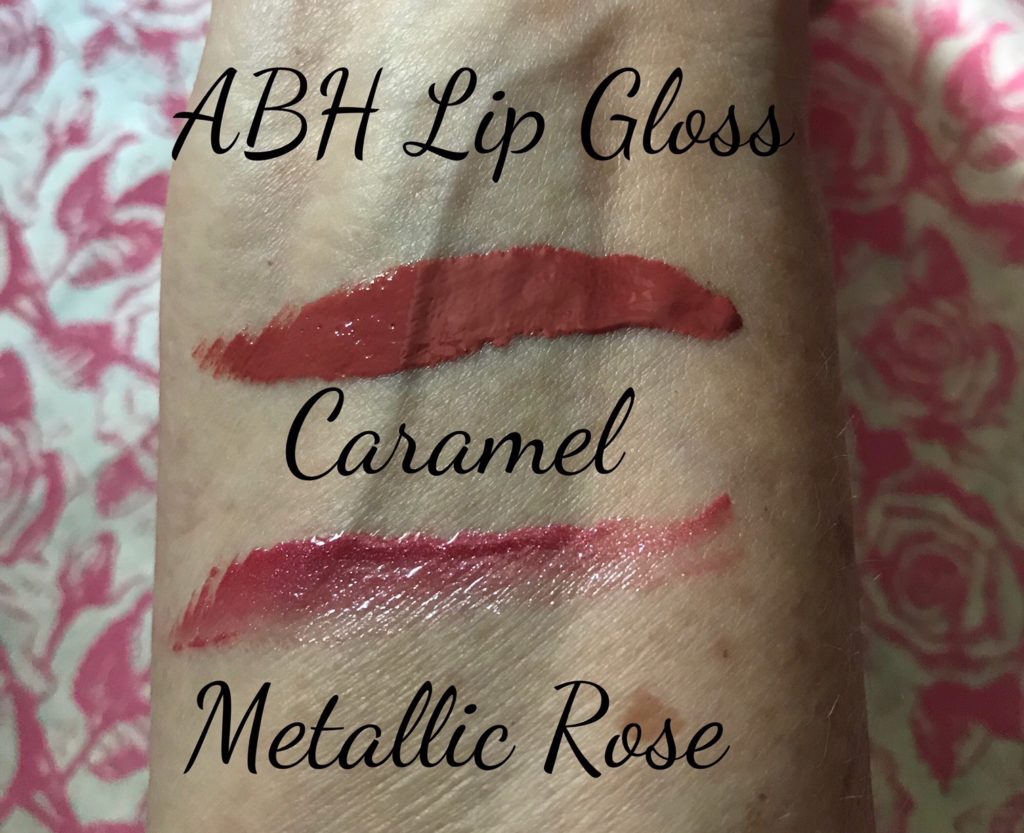 swatches of Anastasia Beverly Hills Lip Gloss in Caramel and Metallic Rose, neversaydiebeauty.com