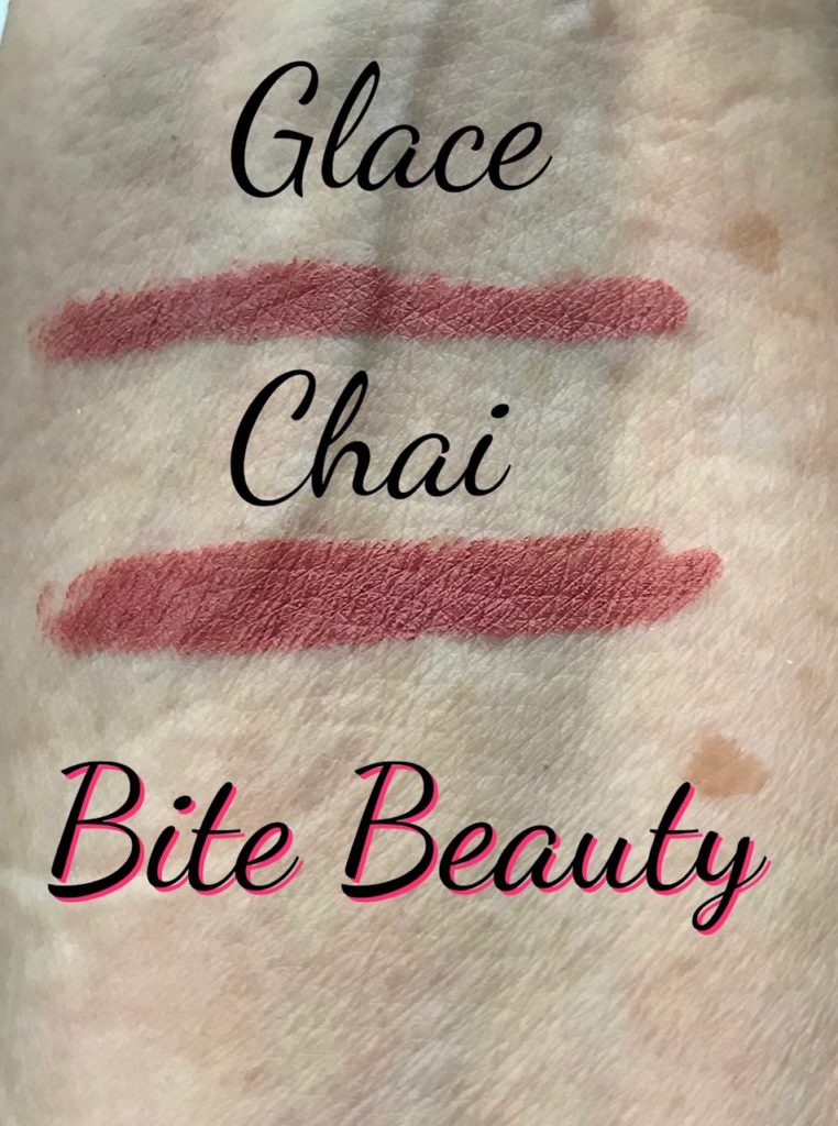 swatches of Bite Beauty Matte Creme Lip Crayon in Glace and Amuse Bouche Lipstick in shade Chai, neversaydiebeauty.com