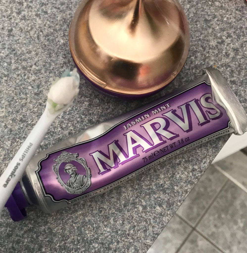 Marvis Jasmin Mint Toothpaste in a tube with a purple label, neversaydiebeauty.com