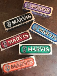 6 boxes of different mint flavors of Marvis Toothpaste in colorful boxes, neversaydiebeauty.com