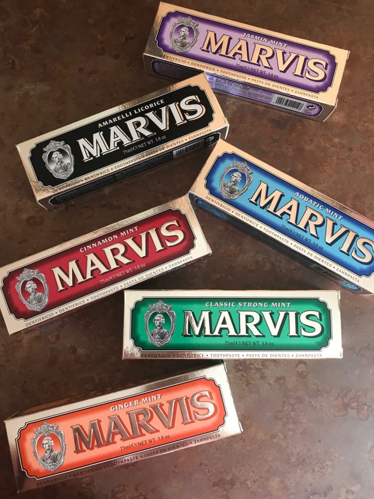 6 boxes of different mint flavors of Marvis Toothpaste in colorful boxes, neversaydiebeauty.com