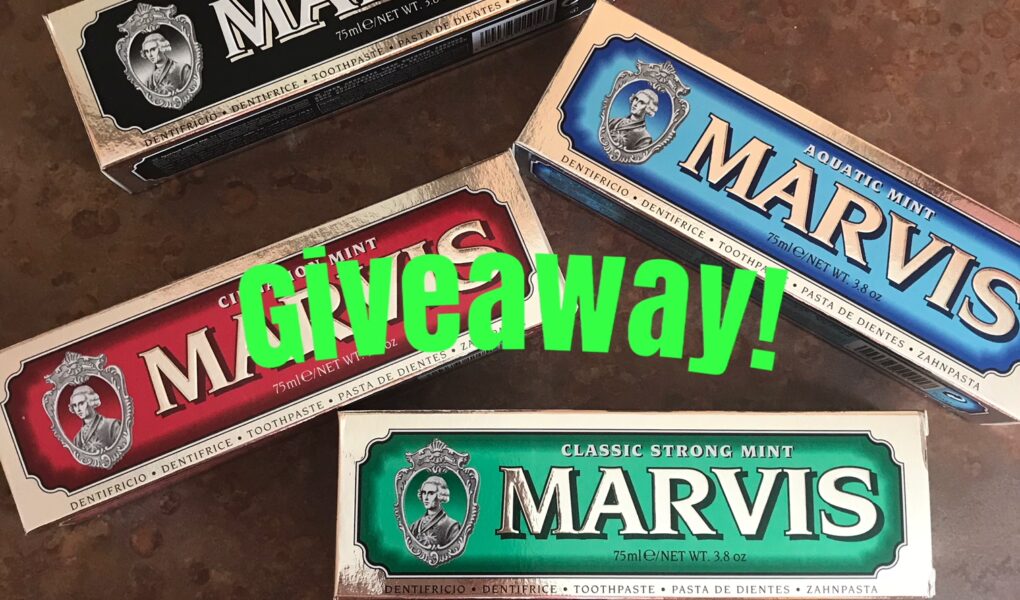 Marvis toothpaste boxes with giveaway title, neversaydiebeauty.com