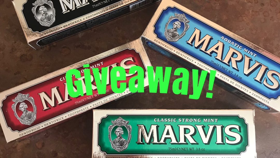 Marvis toothpaste boxes with giveaway title, neversaydiebeauty.com