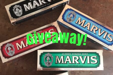 Marvis toothpaste boxes with giveaway title, neversaydiebeauty.com