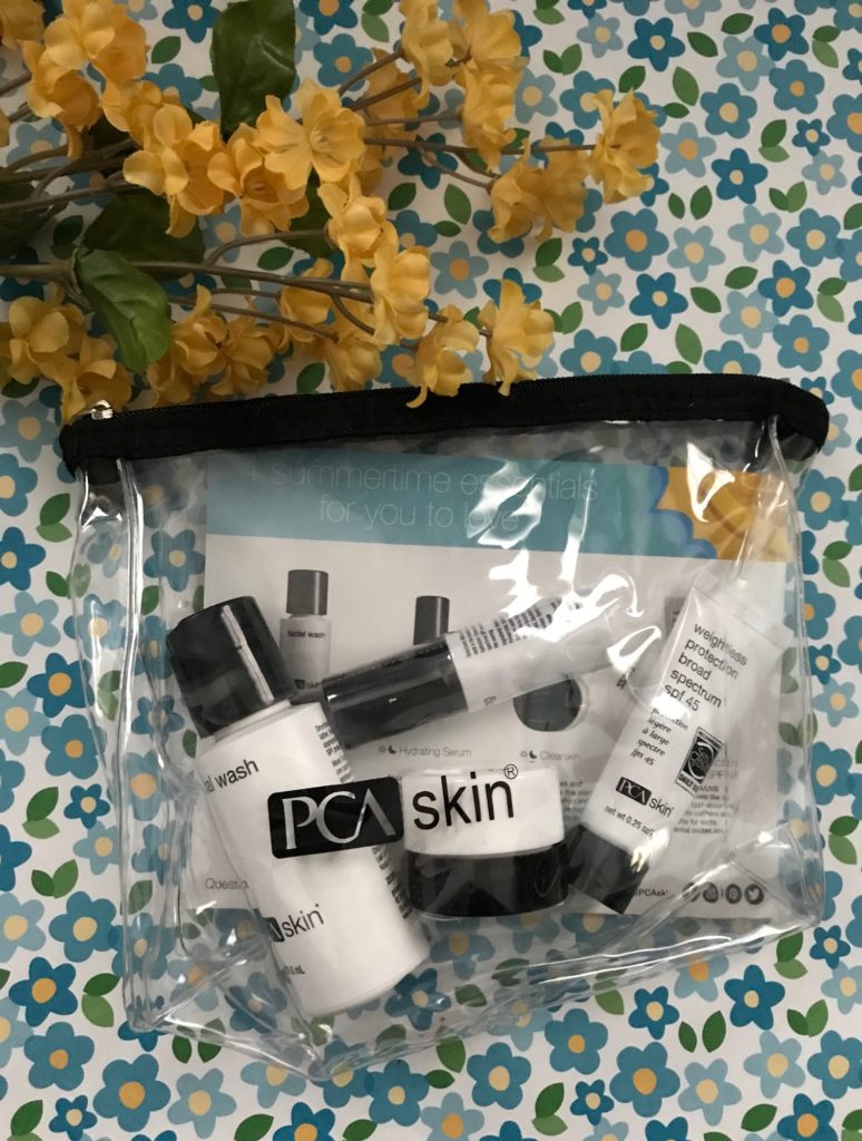 PCA Skin Summertime Essentials cosmetics bag with skincare minis, neversaydiebeauty.com