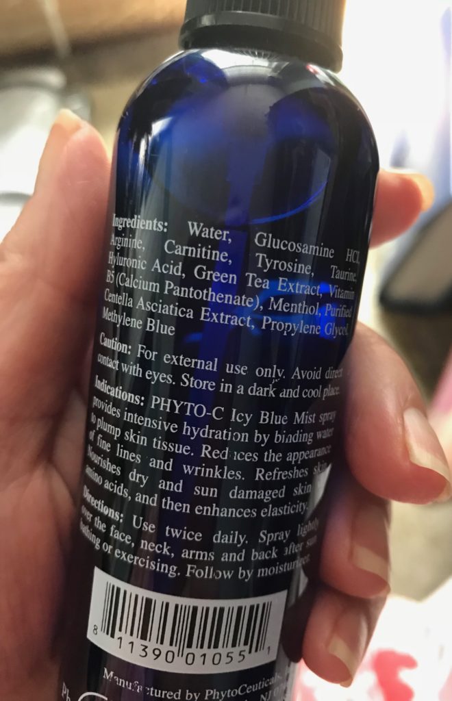 ingredients on the back of the bottle of PHYTO-C Icy Blue Mist, neversaydiebeauty.com