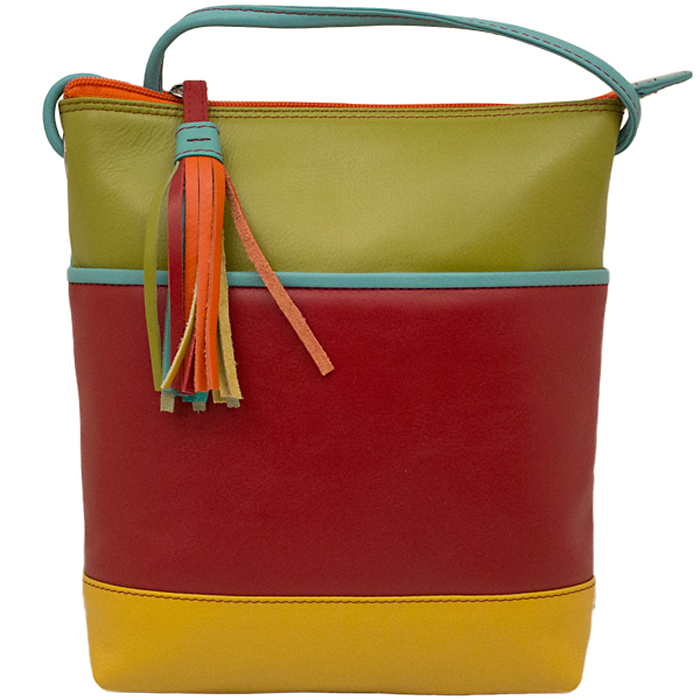 multicolor chartreuse, red and yellow crossbody with tassel
