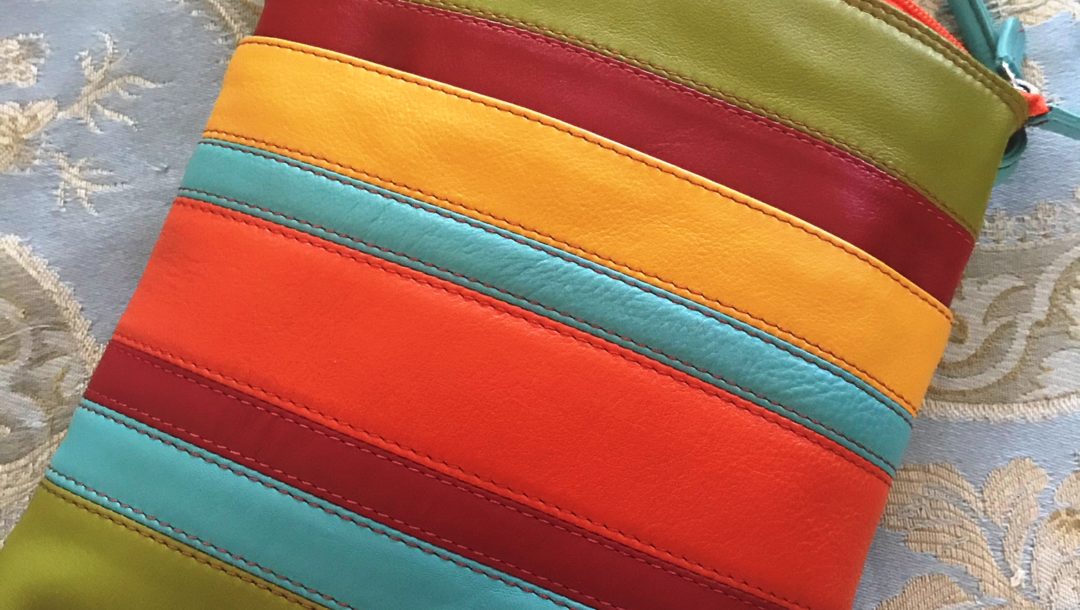 striped leather crossbody in chartreuse, red, orange, aqua, saffron, neversaydiebeauty.com