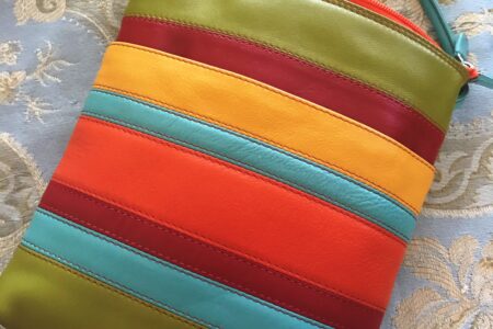 striped leather crossbody in chartreuse, red, orange, aqua, saffron, neversaydiebeauty.com