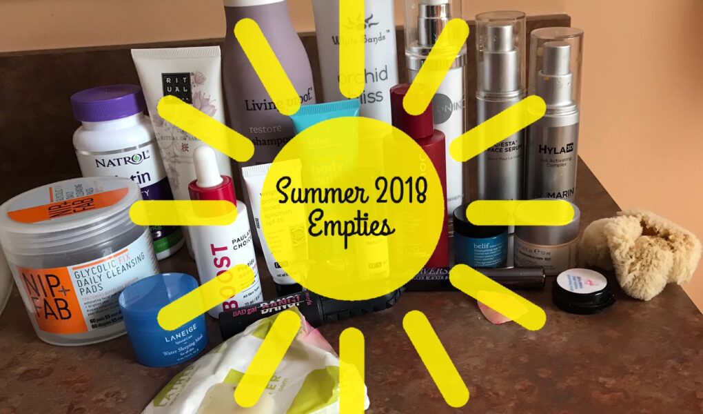 my empty beauty products for summer 2018 with a sun title on top, neversaydiebeauty.com