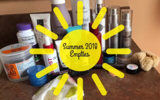 my empty beauty products for summer 2018 with a sun title on top, neversaydiebeauty.com