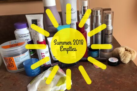 my empty beauty products for summer 2018 with a sun title on top, neversaydiebeauty.com