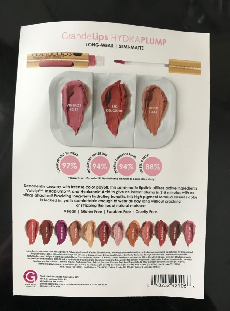 back of the sample card for GrandeLips HydraPlump Liquid Lipstick containing the three samples I got, neversaydiebeauty.com