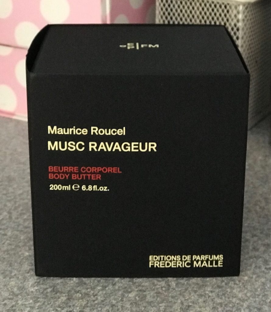 Frederic Malle's Musc Ravageur Body Butter outer packaging, neversaydiebeauty.com