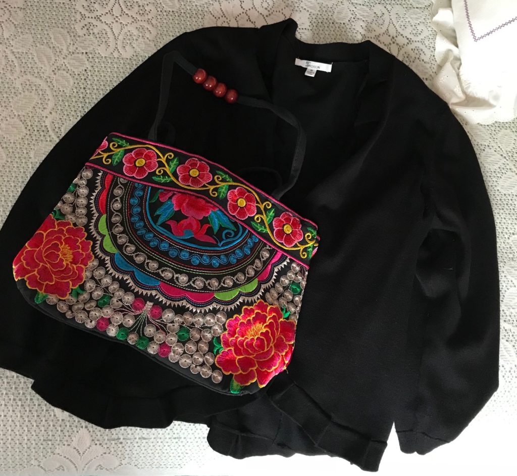 embroidered purse on black sweater, neversaydiebeauty.com