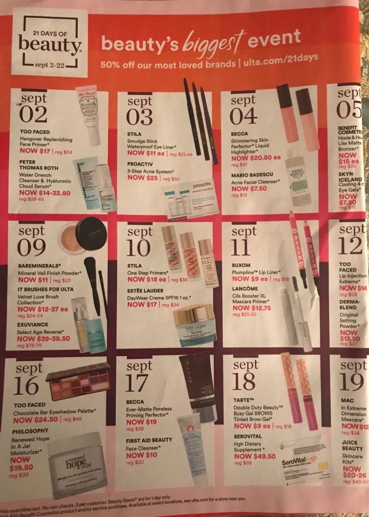 page 1 of the Ulta 21 Days of Beauty sale calendar for September 2018, neversaydiebeauty.com