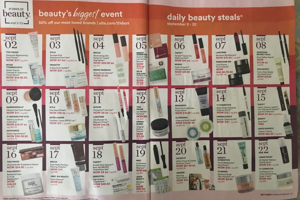 Ulta 21 Days of Beauty sale for September 2-22, 2018, neversaydiebeauty.com