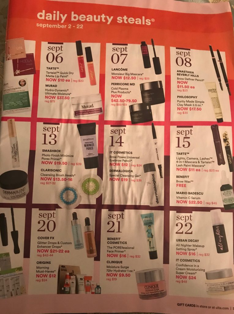 page 2 of the Ulta 21 Days of Beauty sale calendar for September 2018, neversaydiebeauty.com