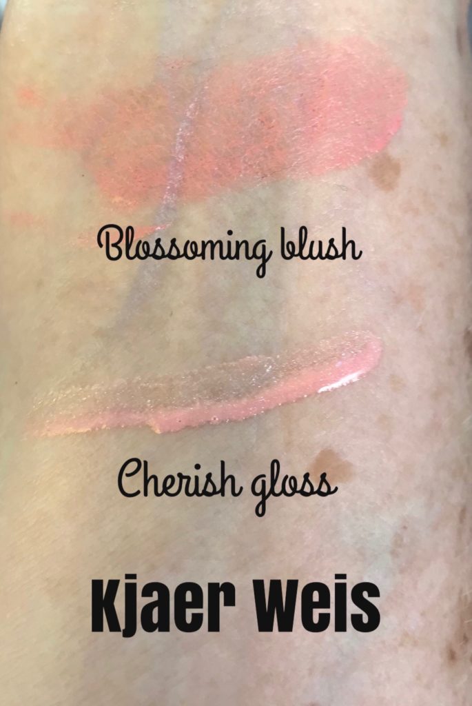 swatches of Kjaer Weis cream blush in Blossoming a peachy pink and lipgloss Cherish a shell pink, neversaydiebeauty.com