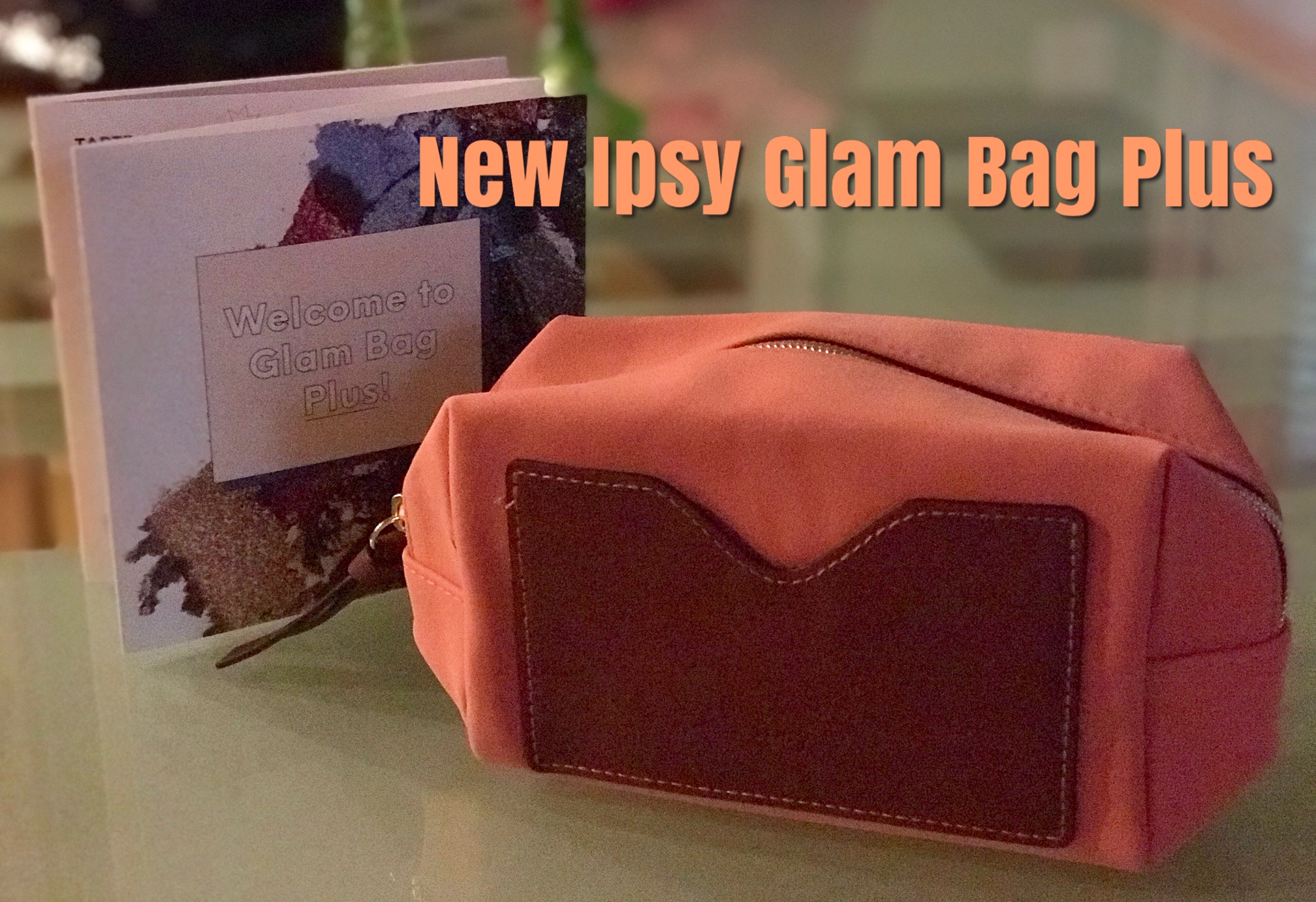 orange faux suede Ipsy Glam Bag Plus clutch with product card, neversaydiebeauty.com