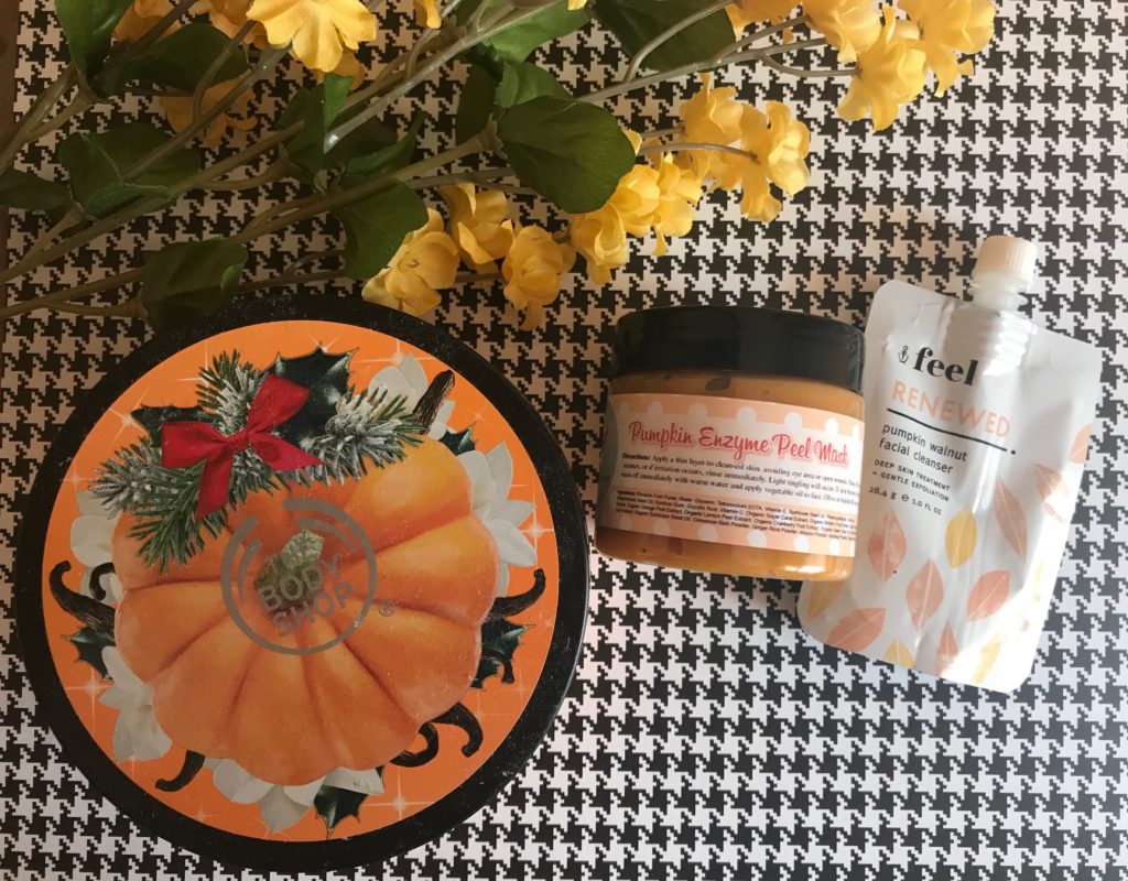 my favorite pumpkin skincare products that I'm using now: body butter, facial mask and facial cleanser, neversaydiebeauty.com