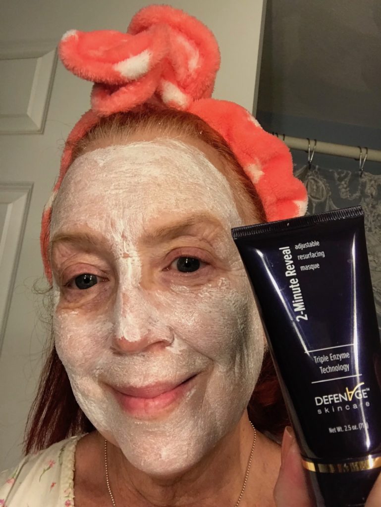 me wearing off-white DefenAge 2 Minute Reveal exfoliating mask with sugar crystals, neversaydiebeauty.com
