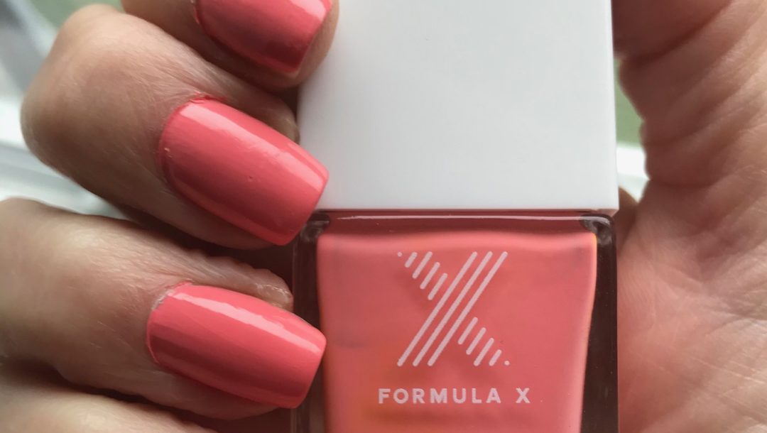 nail swatch and bottle of shade TGIF, a neon peachy pink cream polish from Formula X Nail Polish, neversaydiebeauty.com