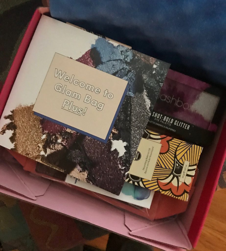 inside of Ipsy Glam Bag Plus mailing box with product card, neversaydiebeauty.com