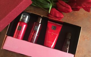 4 travel size bath and body products in the Rituals Ayurveda Balancing Treats Gift Set, neversaydiebeauty.com