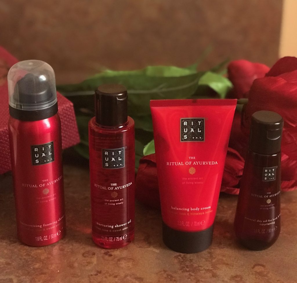 4 travel size bath and body products from the Rituals Ayurveda Balancing Treats Gift Set, standing, neversaydiebeauty.com