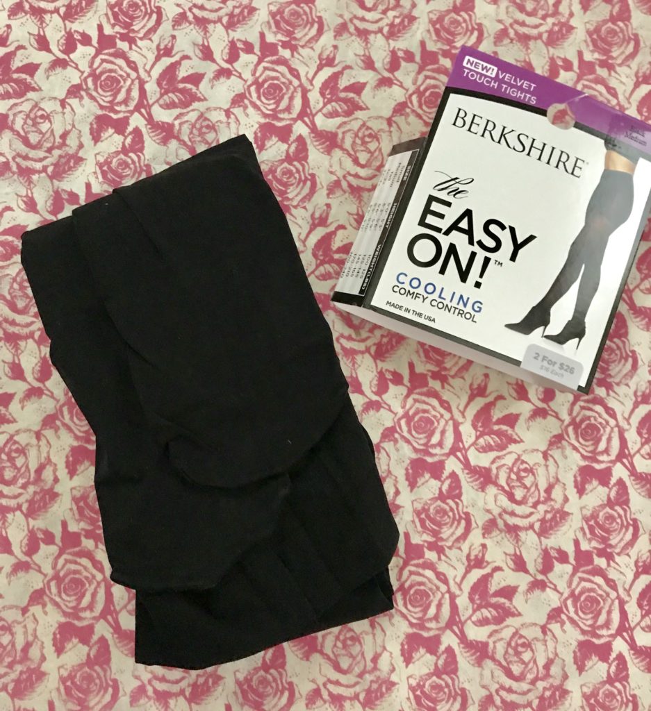Berkshire Easy On Velvet Touch Tights folded in color black with the outer packaging, neversaydiebeauty.com