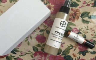 Skin And Sense facial skincare products: Fresh Face Wash, Difference Anti-Aging Eye Serum and face roller in presentation box, neversaydiebeauty.com