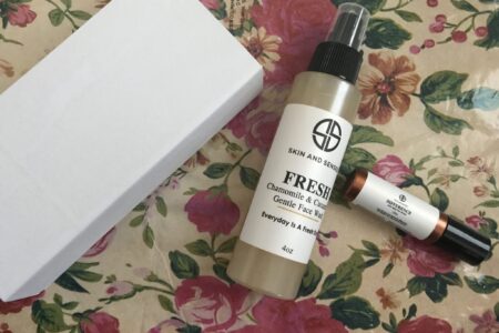 Skin And Sense facial skincare products: Fresh Face Wash, Difference Anti-Aging Eye Serum and face roller in presentation box, neversaydiebeauty.com