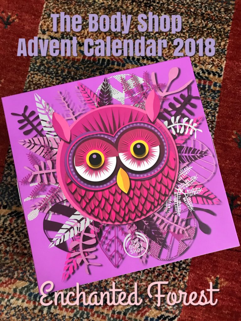 Enchanted Beauty Advent Calendar from The Body Shop 2018 featuring a pink owl on the front, neversaydiebeauty.com