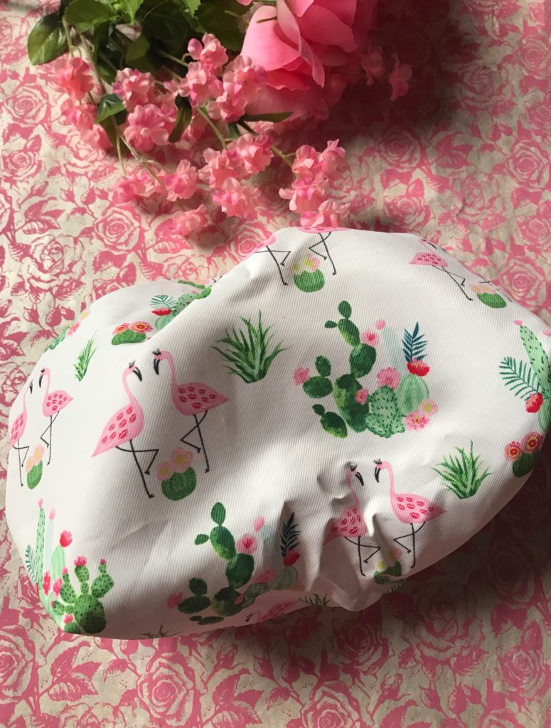 Vintage Cosmetics Co Cactus and Kisses shower cap with flamingos and cacti print top satin fabric, neversaydiebeauty.com